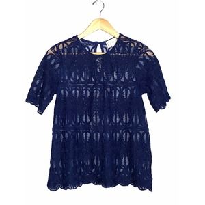 En Elle Navy Blue Lace Sheer Embroidery Short Sleeves Top Size 4 ~